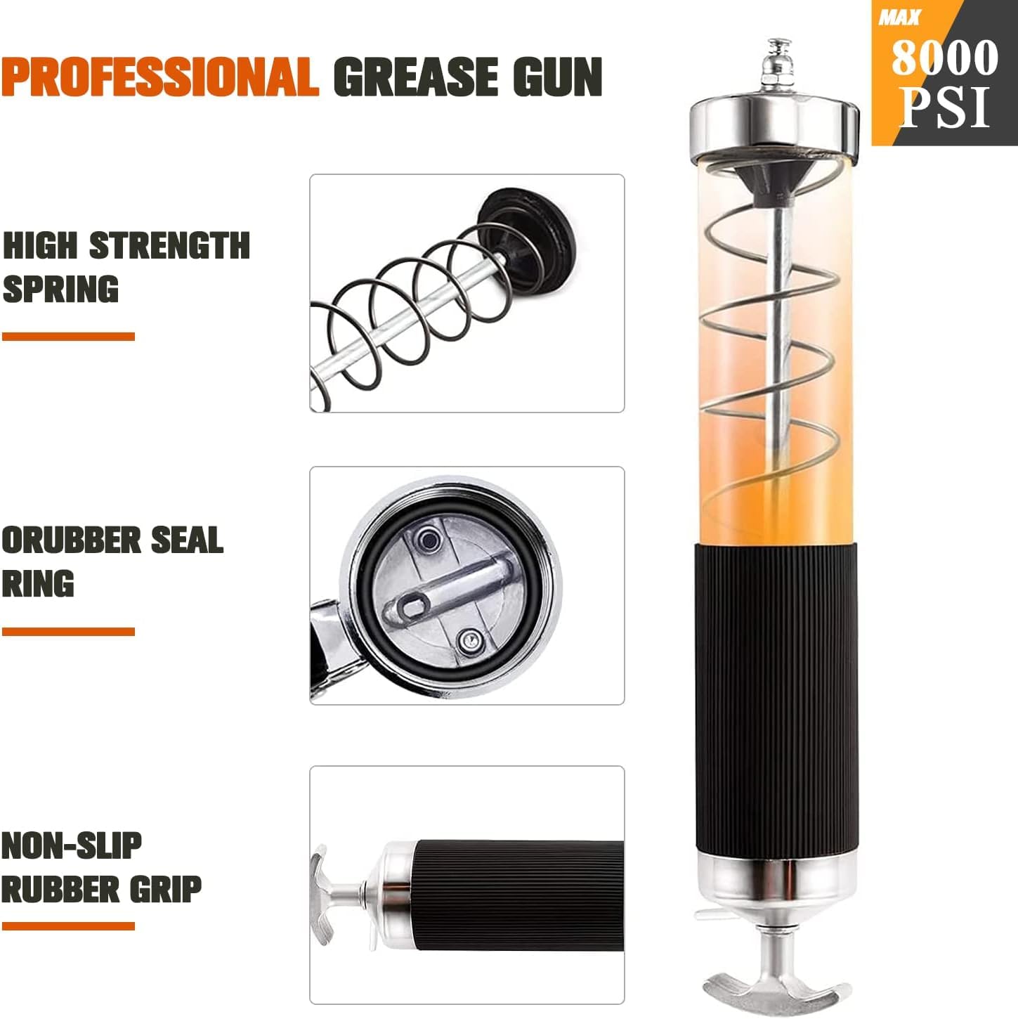 Grease Gun with Quick Release Coupler, 8000 PSI Heavy Duty Professional Pistol Grip Grease Gun Kit 14 OZ Capacity with Coupler, Double Injector Needles, 90° Adapter