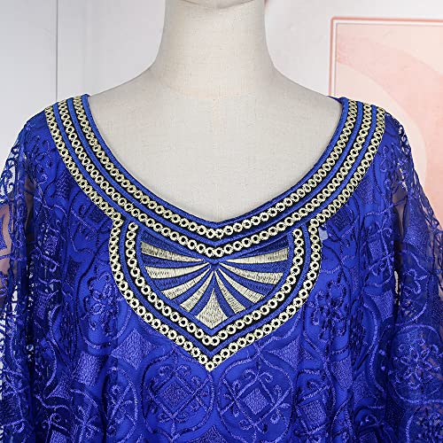 HD Womens African Lace Kaftan Dress Embroidery V Neck Evening Party Gown One Size with Matching Headwrap3