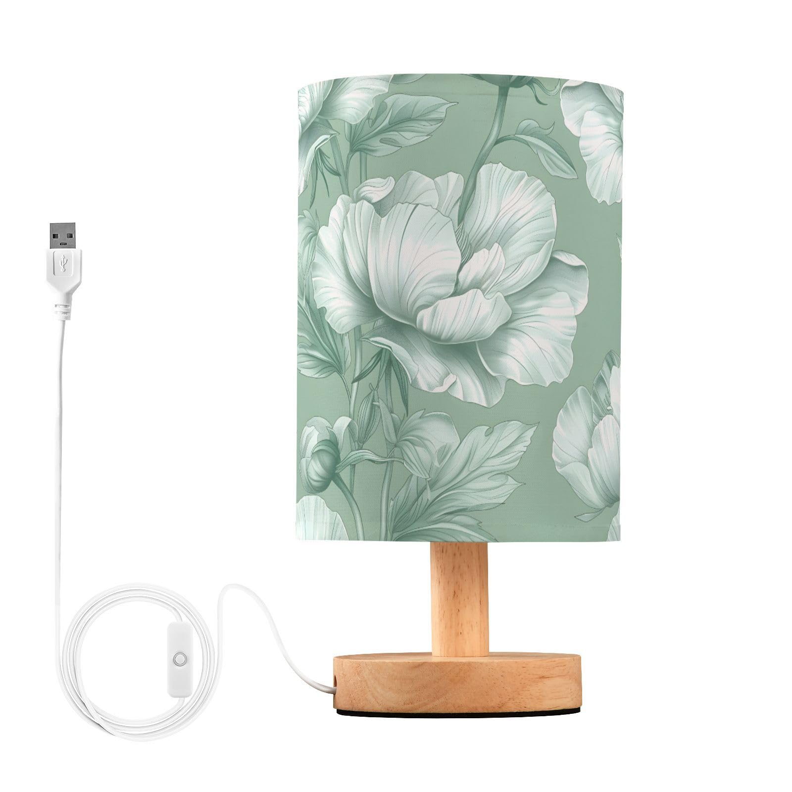 Mnsruu Lámpara de mesita de noche con diseño de rosas blancas y hojas verdes vintage, lámpara de mesita de noche, lámpara de escritorio con pantalla de tela, lámpara pequeña para dormitorio, sala de