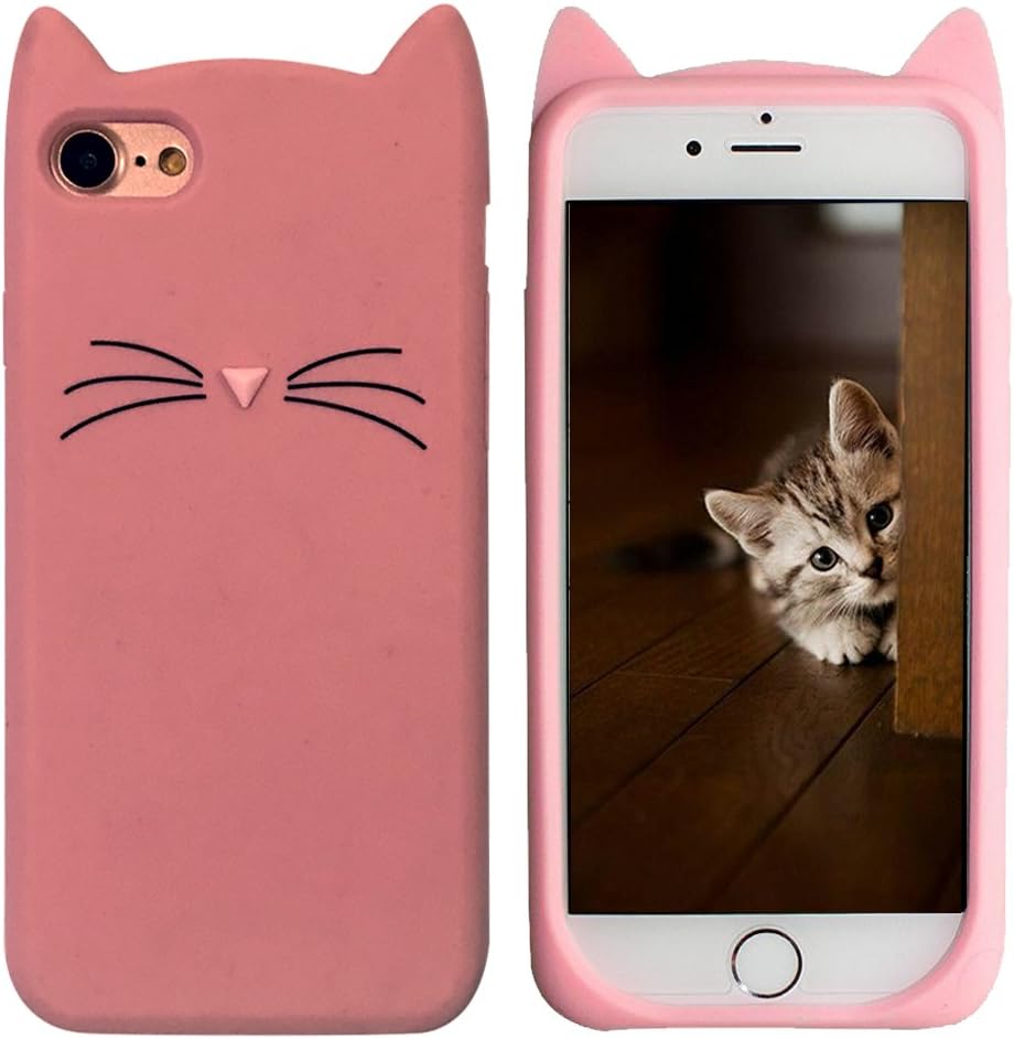Cat iPhone 7 8 SE Case Cute Funny Kitty Design Glitter Silicone Soft Protective Cover for Girls Child for iPhone 7 8 SE 2020 4.7 Inch Pink Red Lovely 3D Whiskers Ears Cats Kitten Skin for Teens Kids