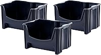 Mighty Tuff Jumbo Stackable Storage Bins Pack of 3 - Heavy Duty Interlocking Bins with Easy-Grip Handles & Wide Open Front, Black Garage Organizers