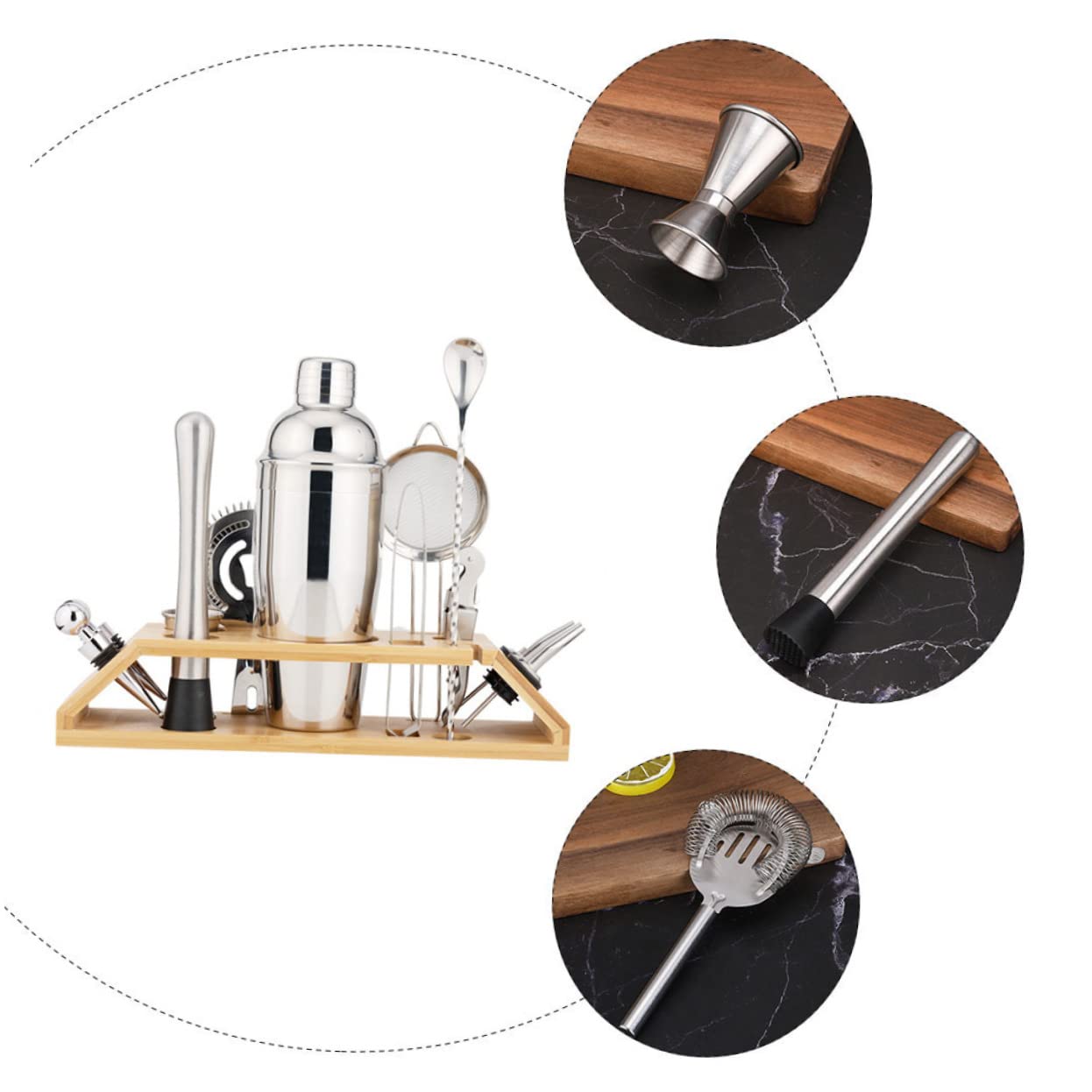 Set Shaker da Cocktail Professionale 13 Pezzi in Acciaio Inox e Bambù, 550ml, Completo per Bar e Casa, per Cocktail e Aperitivi