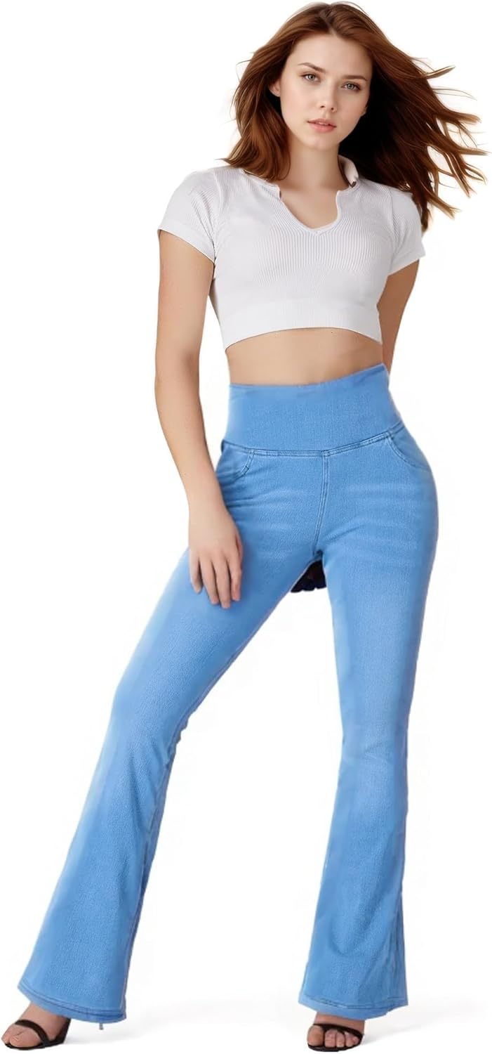 BlueRose Knit Stetchy Flare Jean for Women,Jean Leggings with Pockets High Waisted Pull on Bell Bottom Yoga Pants - Image 3