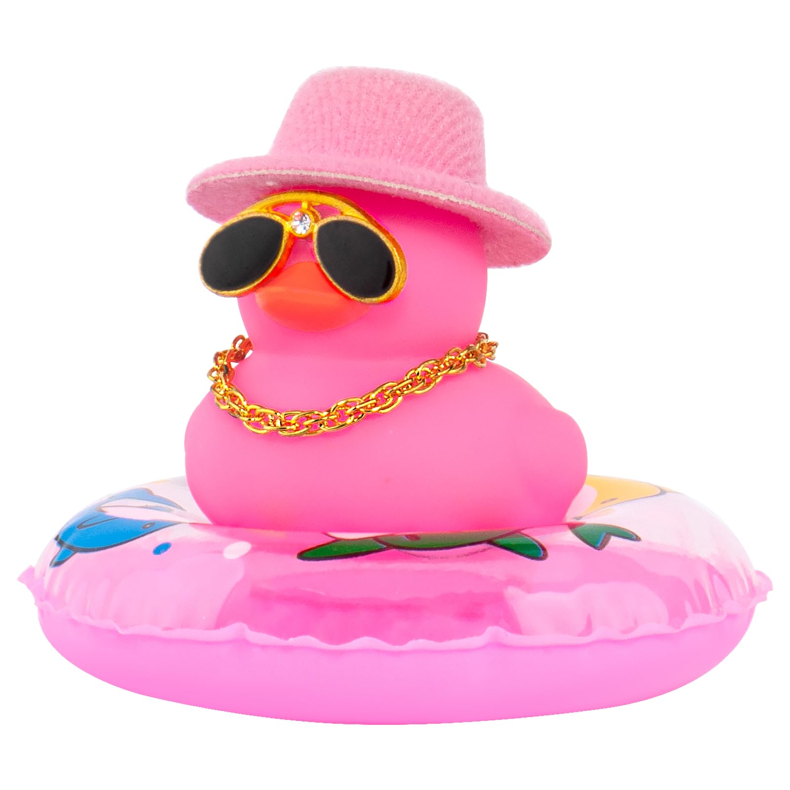 wonuu Car Duck Ornament Dashboard Decorations Rubber Duck Car for Car Dashboard Accessories with Swim Ring Sunglasses Hat and Necklace, A_Pink Duck&Pink Top Hat&Dolphin