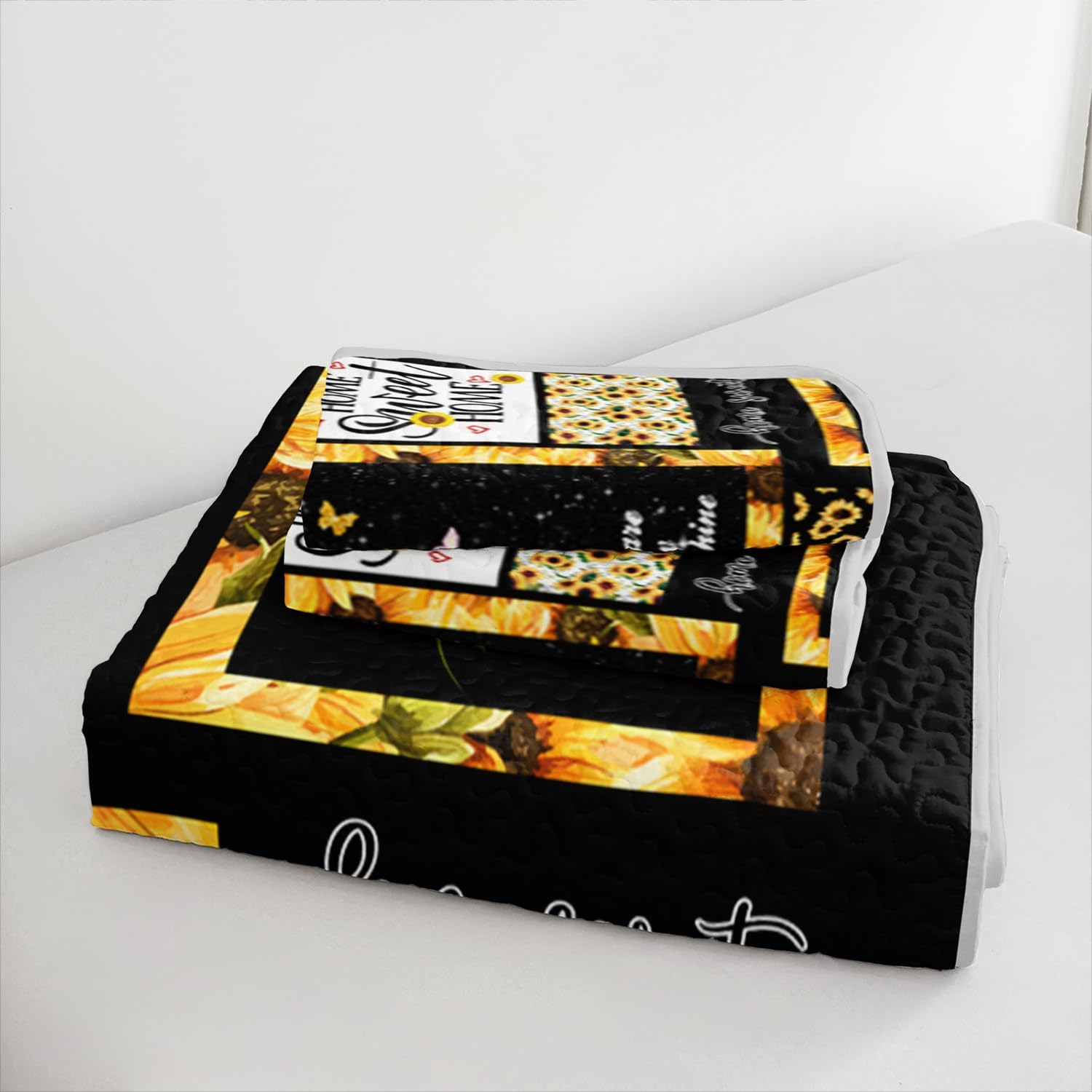 3 Pcs Queen Sunflower Quilt Set - Black Floral Patchwork Bedspread, Farmhouse Reversible Microfiber Bed Cover & Pillow Shams, Soft & Cozy All Season Quilted Bedding