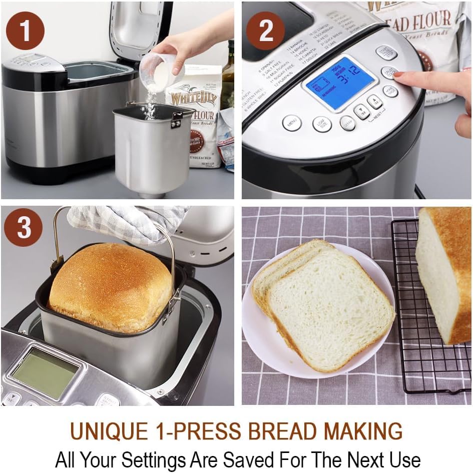Image of KITCHENARM 29-in-1 SMART Bread Maker Machine with Gluten Free Setting - 900G 700G 500G Stainless Steel Breadmaker with Recipes - Wholemeal Bread Machine with Homemade Cycle