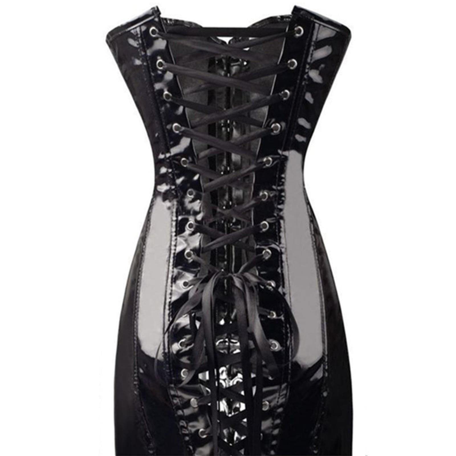 Gothic Womens Sexy Wetlook PVC Faux Leather Corset Dress Long Black Red Shape Body Slim Bustini Overbust Corsetti Catsuit in Lattice-Nero, XXL