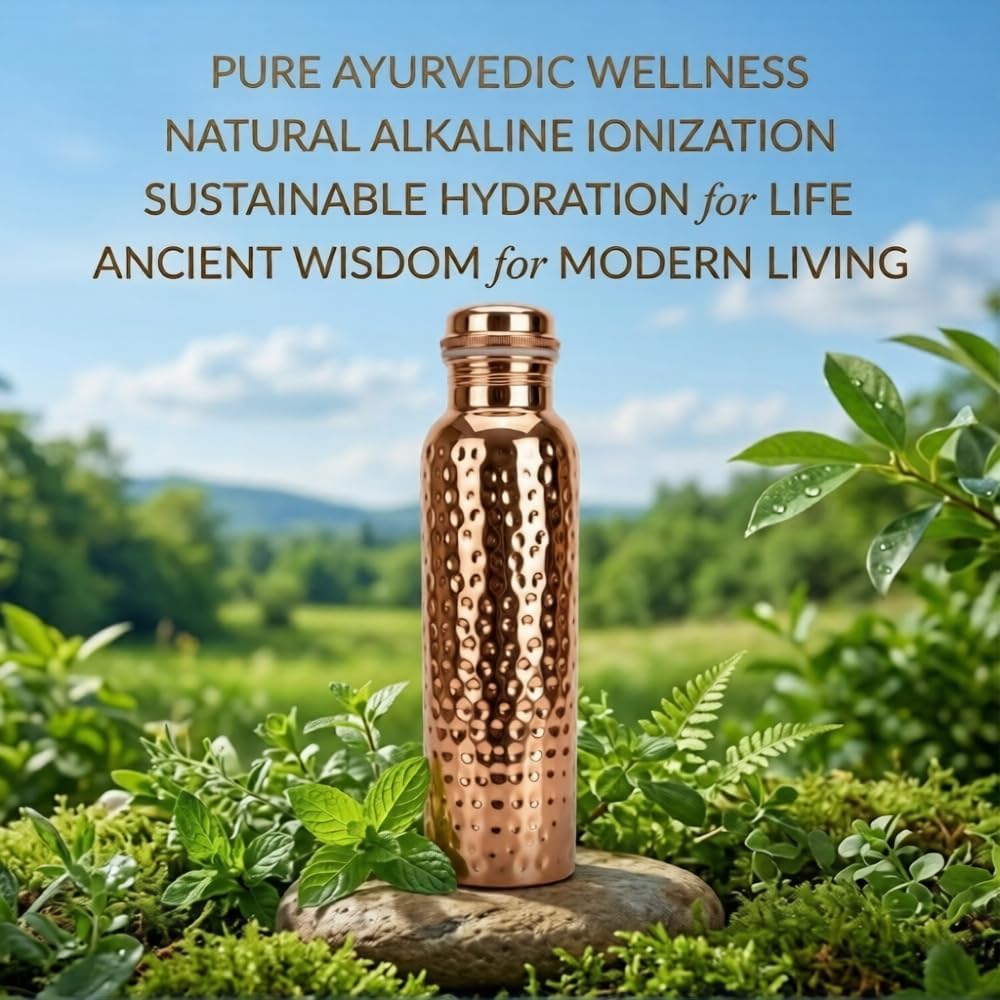 100% Pure Copper Water Bottle 34 Oz (1000 ml) Hammered Ayurvedic Copper Vessel for Drinking Leak-Proof, Reusable & BPA Free Large Metal Flask for Home, Office, Gym & Travel