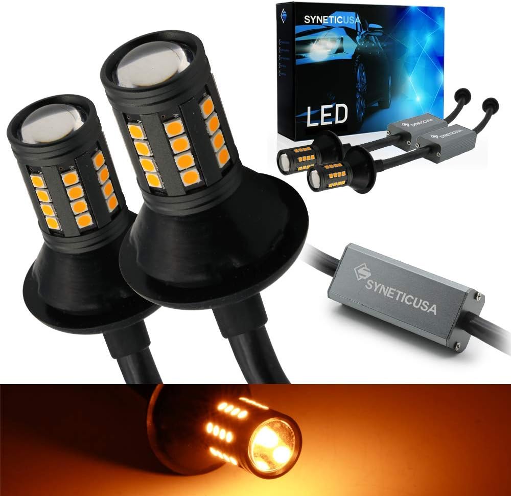 Syneticusa 1157 Error Free Canbus Ready Yellow/Amber LED Front/Rear Turn Signal Light Bulbs DRL Parking Lamp No Hyper Flash All in One With Built-In Resistors