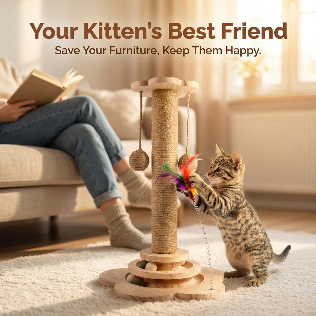 Rascador para Gatitos de Madera - Poste de Rascado Interactivo con Circuito de Bolas y Pluma - Árbol para Gatos Pequeño (46cm) de Cuerda de Yute Natural - Base Antideslizante y Estable (Beige)