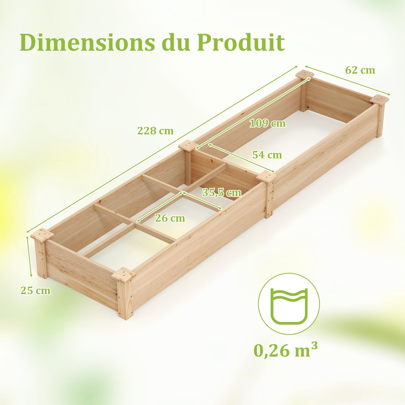 GOPLUS Carre Potager en Bois de Sapin 228x62x25 CM avec Fond Ouvert, Potager Exterieur avec 1 Grand Bacs à Plantation et 6 Petit Bac pour Fleurs Légumes Fruits Herbes, Idéal pour Balcon (Brun)