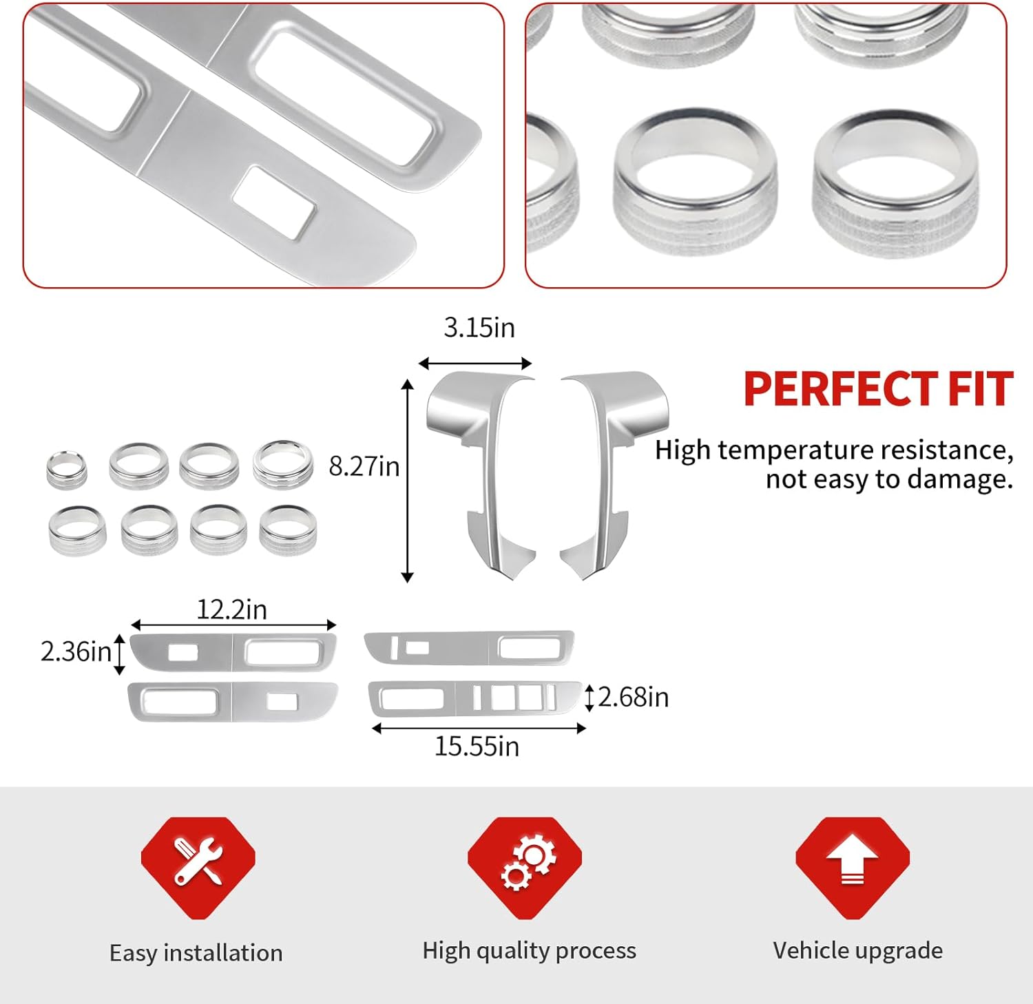 Jimen Fit for Ford F150 2013-2014, 14PCS Interior Silver Trim Kits - Air Conditioner Volume Knob Cover & 4WD Headlight Switch Trim Ring, Window Lift Switch Panel