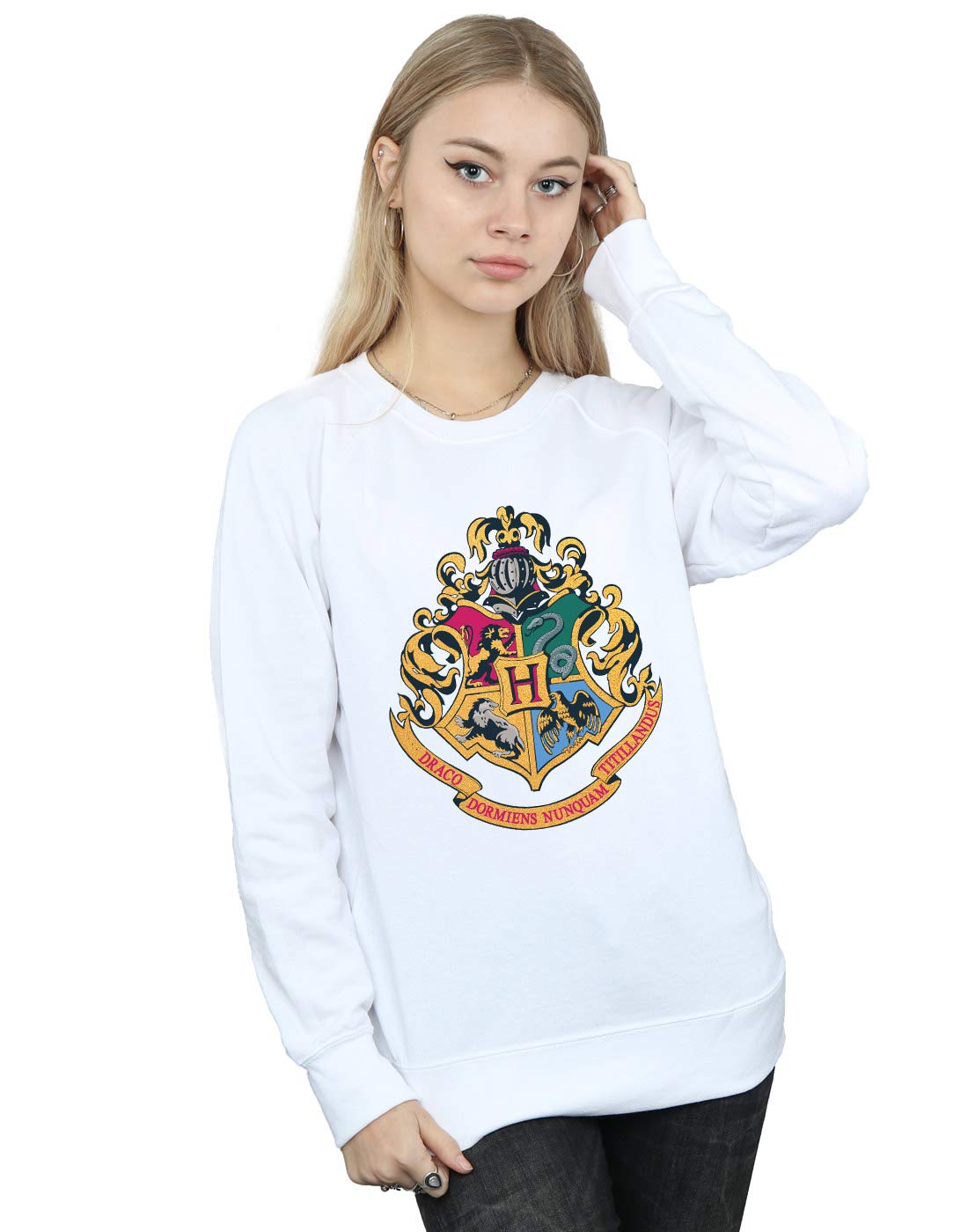 Harry Potter Women's White Hogwarts Crest Gold Ink Sweatshirt In | Size: 2XL