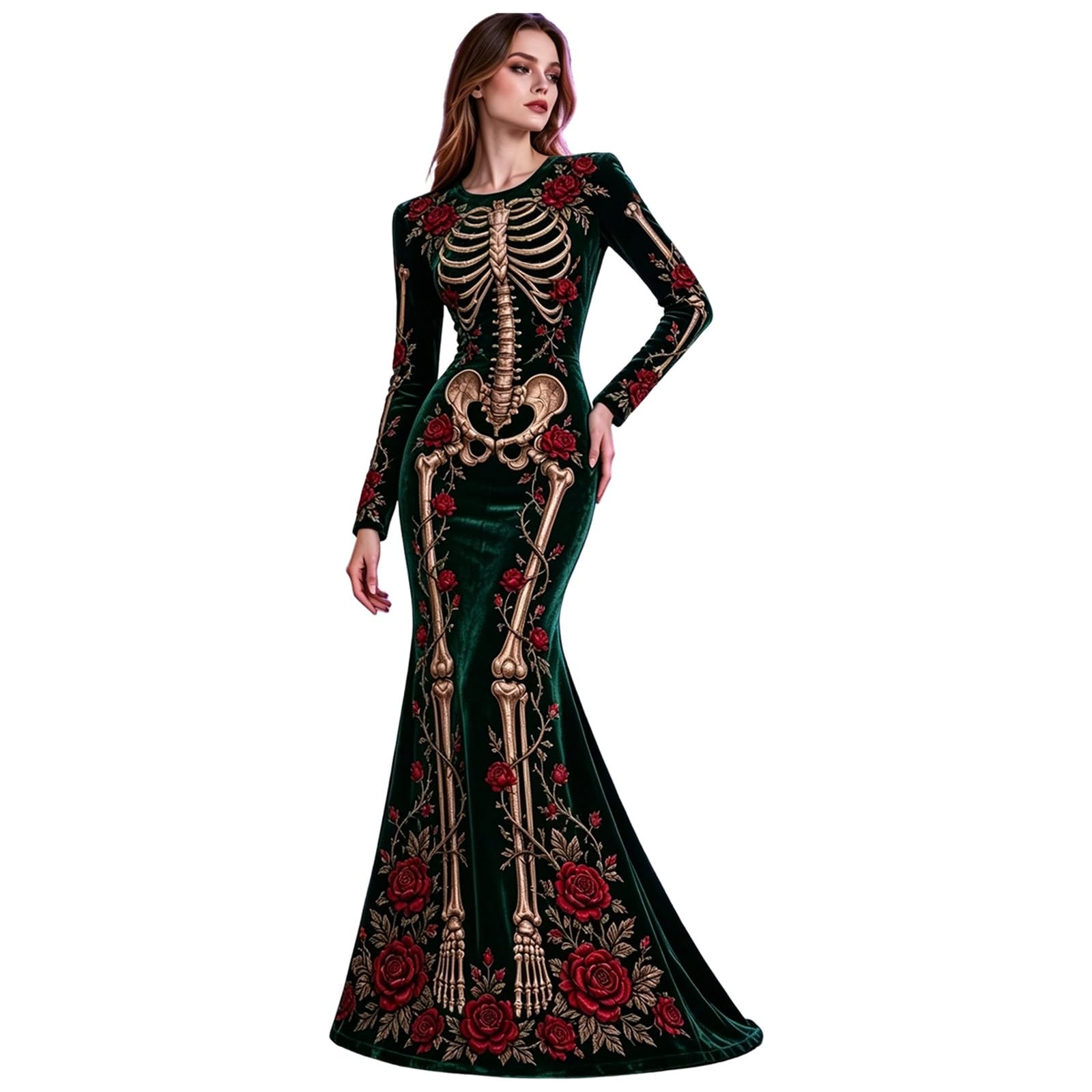 Women's Skeleton Print Mermaid Maxi Dress Long Sleeve Halloween Dresses for Women 3D Digital Print Floral Gothic Fancy Dress Costume โ image 1