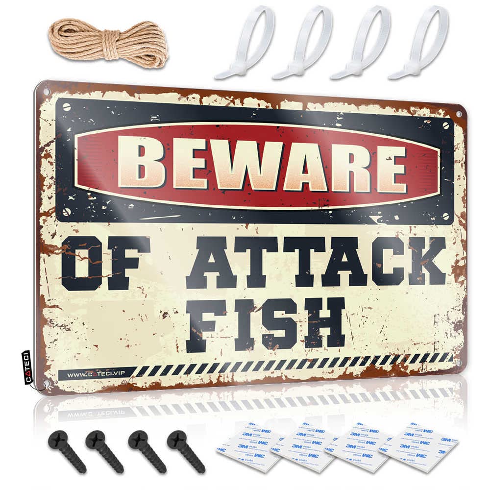 Hot Beer Tin Sign Beware Of Attack Fish Sign Signs For Garage Garage Signs For Men Vintage(30X40CM)