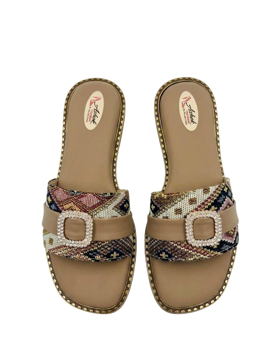 Synthetic Slip-On Flat Sandals for Women | Casual Sandal with Woven Pattern Upper, Decorative Buckle & Stud Detail | Comfortable Lightweight Footwear for Western Outfits (Multicolor)-image-26