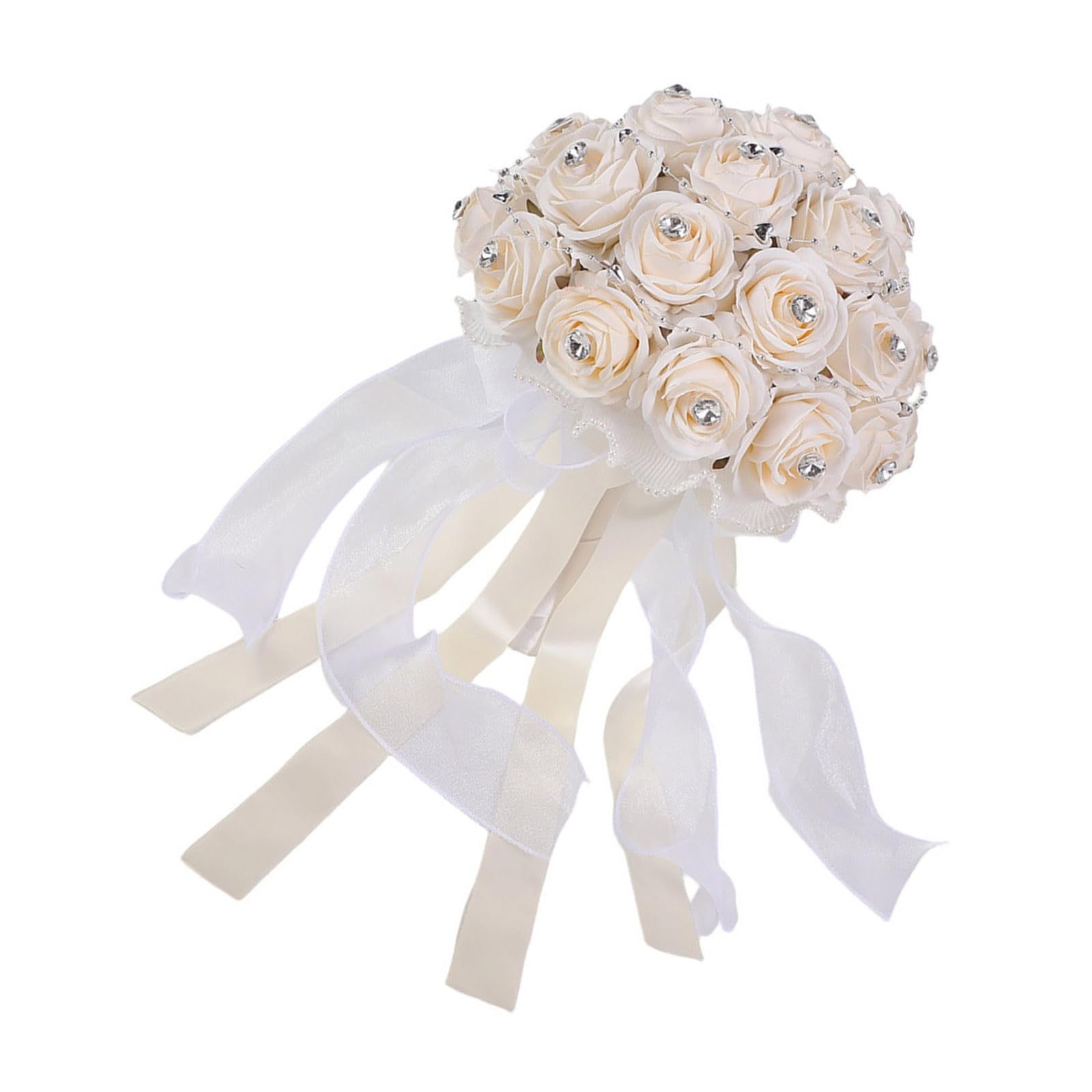 Kalttoy Champagne Color Faux Rose Bouquets Rhinestones Embellished Satins Ribbon Pearls Decoration for Various Event Shimmering Rhinestones Decorative Roses