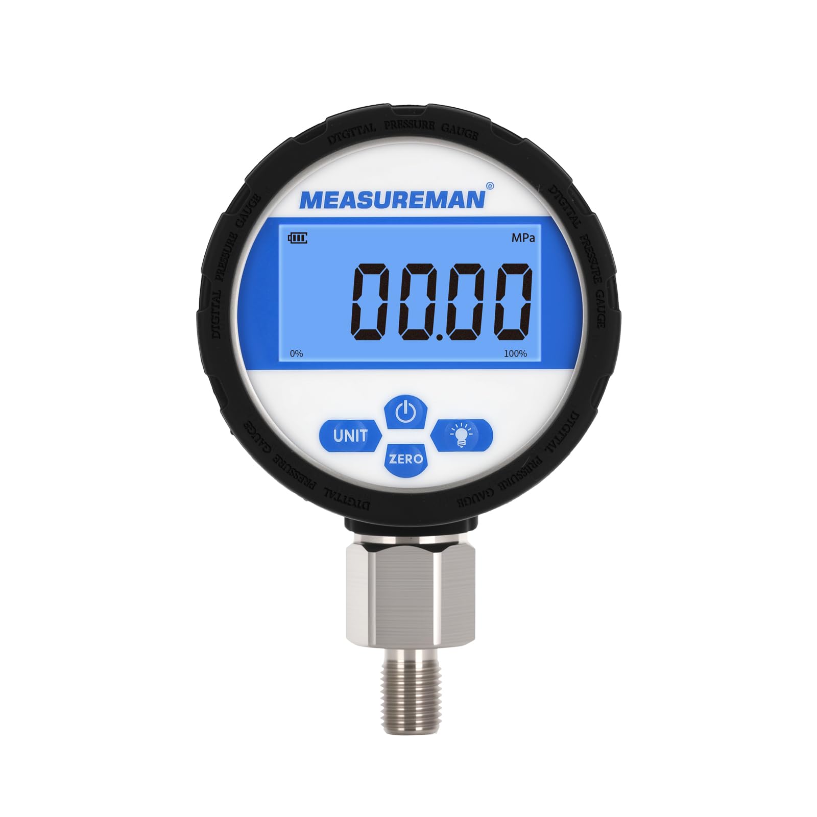 Manomètre industriel numérique, cadran 80 mm, raccord inférieur G1/4", boîtier et raccord en acier inoxydable, 0-16 bar, précision 0,4%, alimenté par batterie, avec éclairage LED.