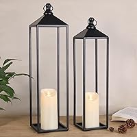 Set of 2 Large 22" & 19" Black Metal Candle Lanterns - Modern Farmhouse Decor for Indoor Outdoor, Porch Patio Fireplace Mantle