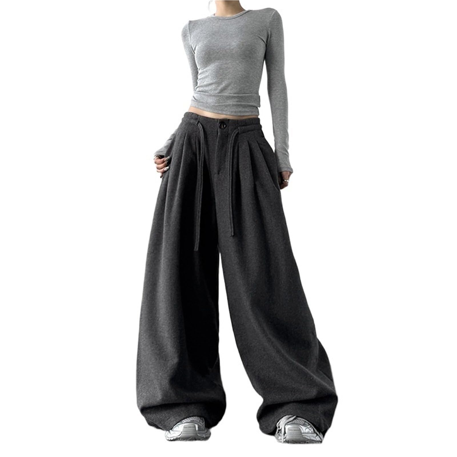 Autumn and Winter Retro High Waisted Wide Leg Womens Pants Thick Brown Casual Slim Fit Multi-Functional Loose Straight