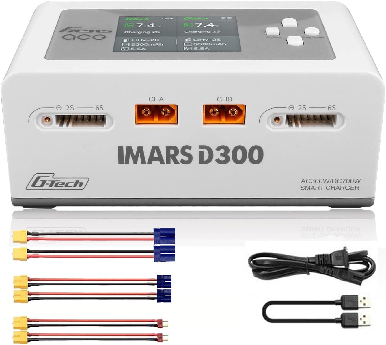 Lipo Battery Charger, Gens Ace IMARS D300 Smart Balance Charger Dual Channel AC 300W / DC 700W (350W*2) 16A for RC LiPo Li-Ion LiHV Life Battery Charging (White)