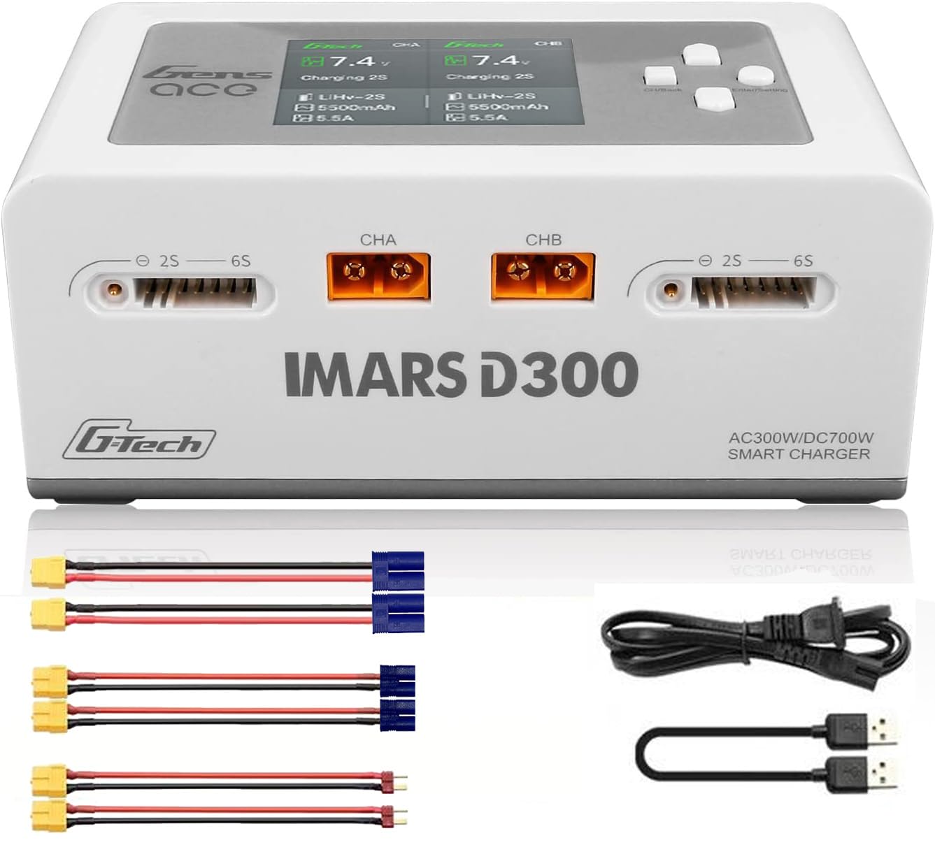 Lipo Battery Charger, Gens Ace IMARS D300 Smart Balance Charger Dual Channel AC 300W / DC 700W (350W*2) 16A for RC LiPo Li-Ion LiHV Life Battery Charging (White)