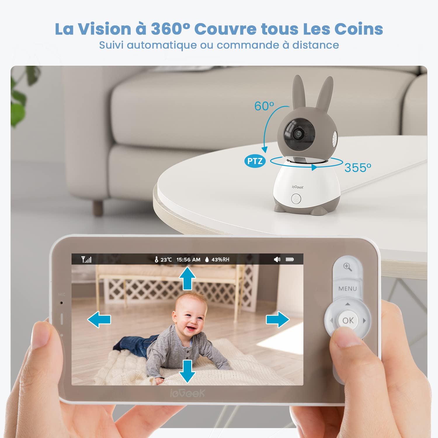 ieGeek Babyphone Vidéo Bébé 5" Écran, 2 Caméras 2K PTZ 360°, APP 2.4GHz & Écran sans WiFi, Détection de Cris & Mouvement, Température Humidité, Vision Nocturne Invisible