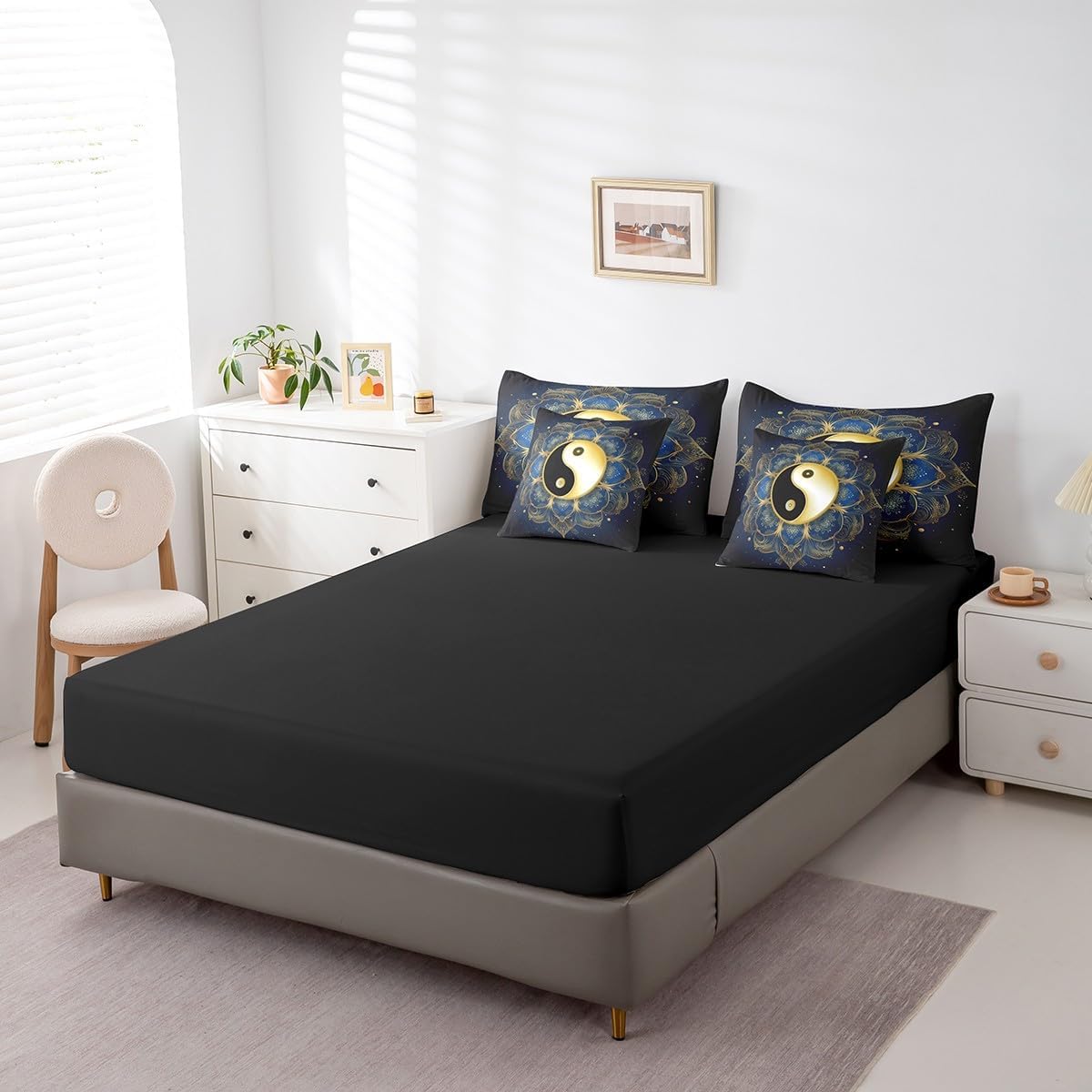 Erosebridal Yin and Yang Bed in a Bag Queen Comforter Set 7 Piece,Bohemian Mandala Bedding Sets Boho Floral Sheet Set with Comforter