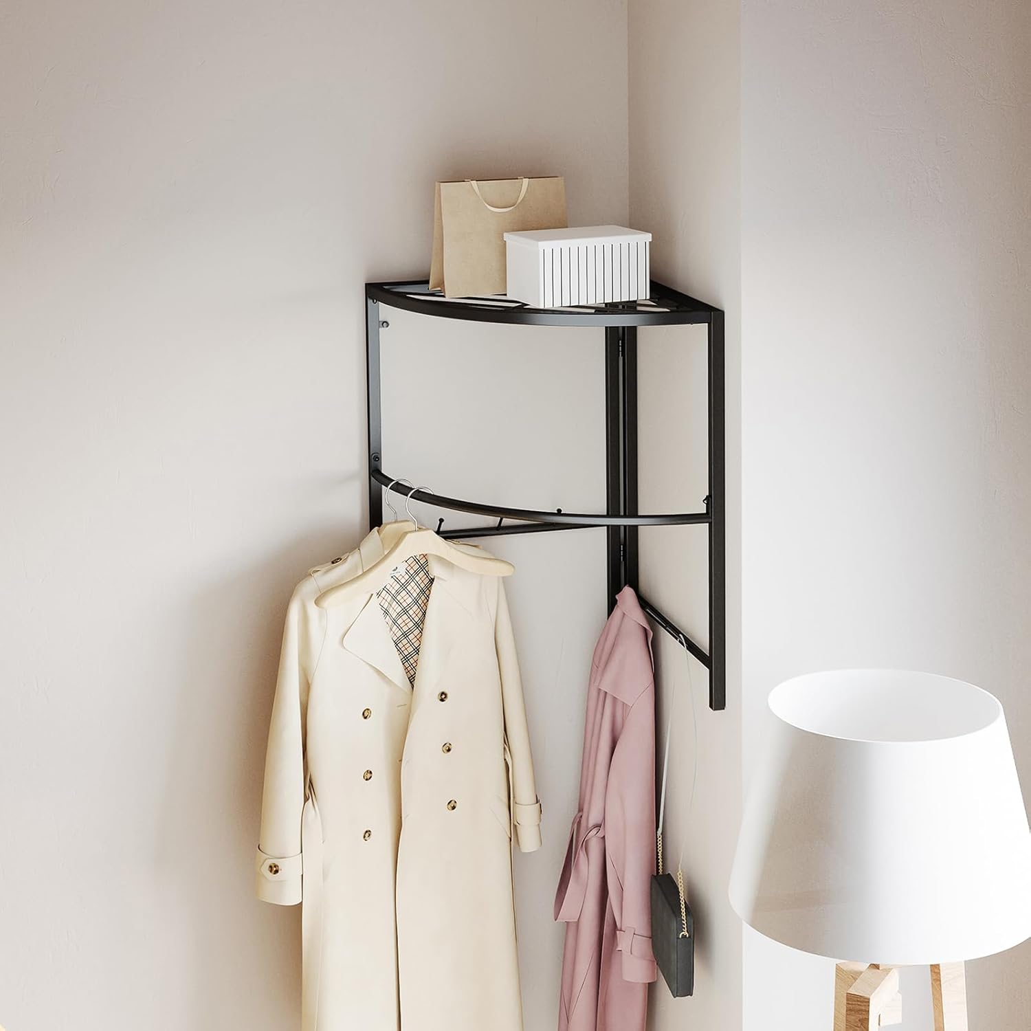 Cinnabar Corner Clothes Rack with Shelf, Adjustable Hanging Wardrobe Closet Organizer for Bedroom Living Room (black)