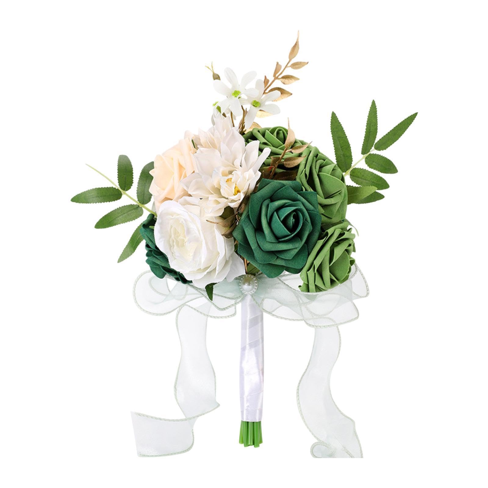 Auyxssz Green Bride Bouquets Elegant Wedding Bride Flowers Bouquets Gorgeous Silky Floral Arrangements Special Occasions Artificial Roses Bridal Bouquet Tossing, Height 29Cm