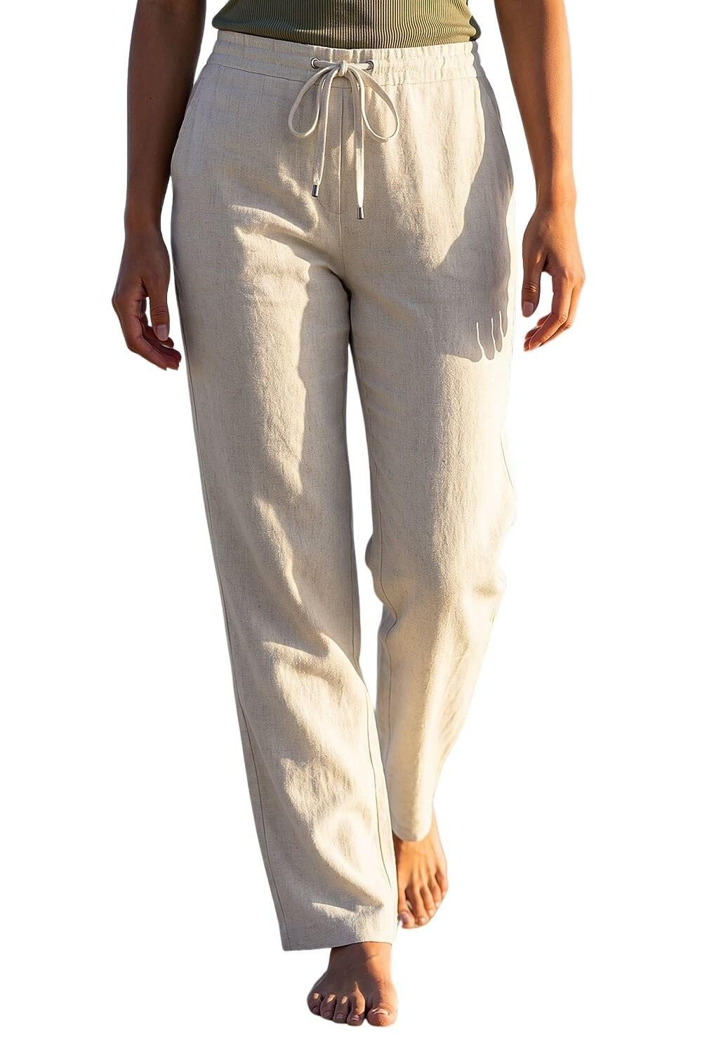 Roman Petite Women's Stone Linen Blend Elastic Tie Waist Trousers Size 16