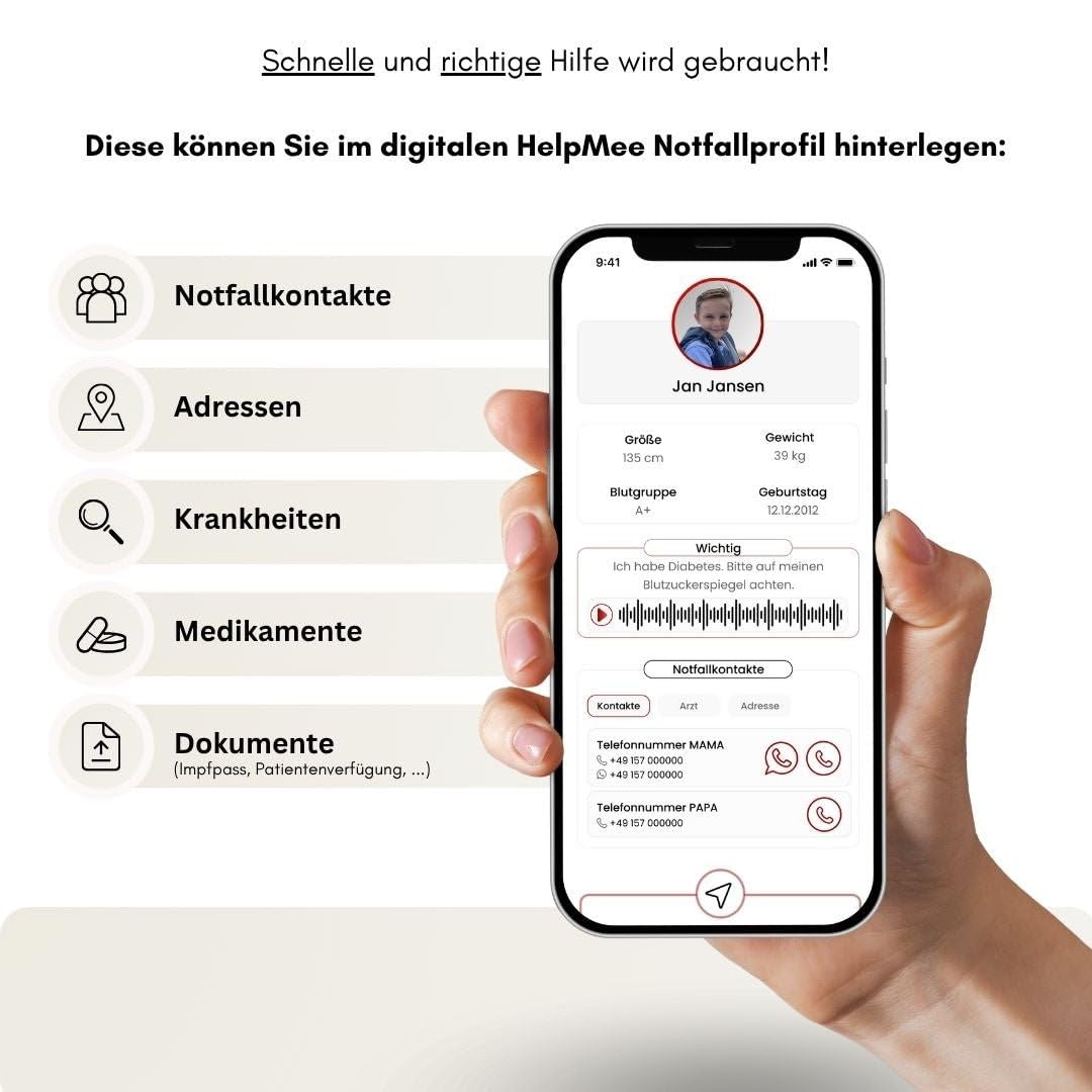 HelpMee® SOS Notfallarmband für Kinder – NFC & QR Code – Sicherheitsarmband mit Notfallprofil – Für Schule, Ausflüge, Reisen – schnell abrufbare Infos 6-10 Jahre/Schwarz