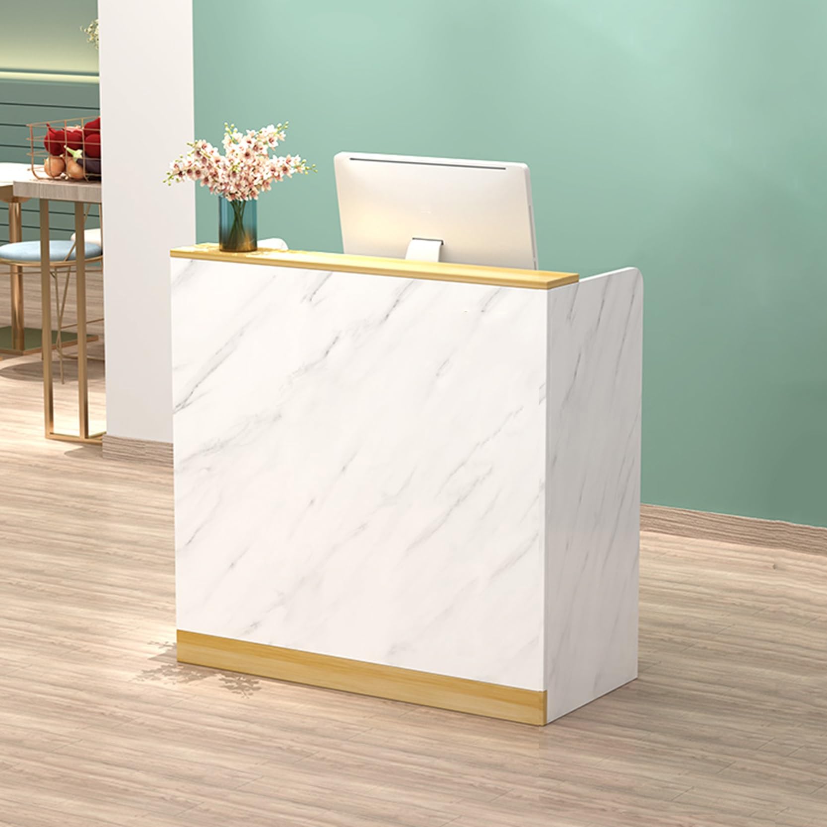 Modern Reception Desk with Lockable Drawers Small Office Checkout Counter Retail Computer Desk with Cable Management Stylish CheckOut Stand for Salon Hotel Spa Bar (White + Wood)