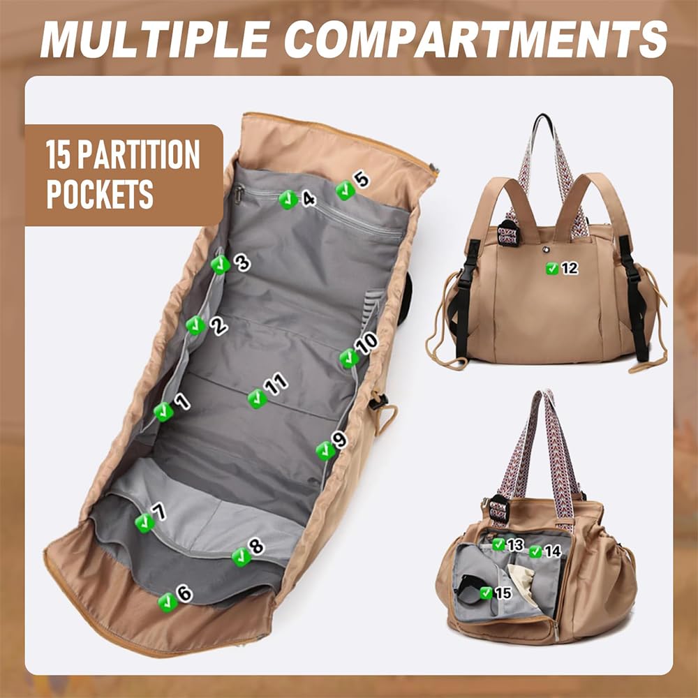 Sac de rangement de voyage multifonction pour femme – Sac à dos convertible à bandoulière Sac fourre-tout de grande capacité de rangement humide et sec pour les voyages à la maison