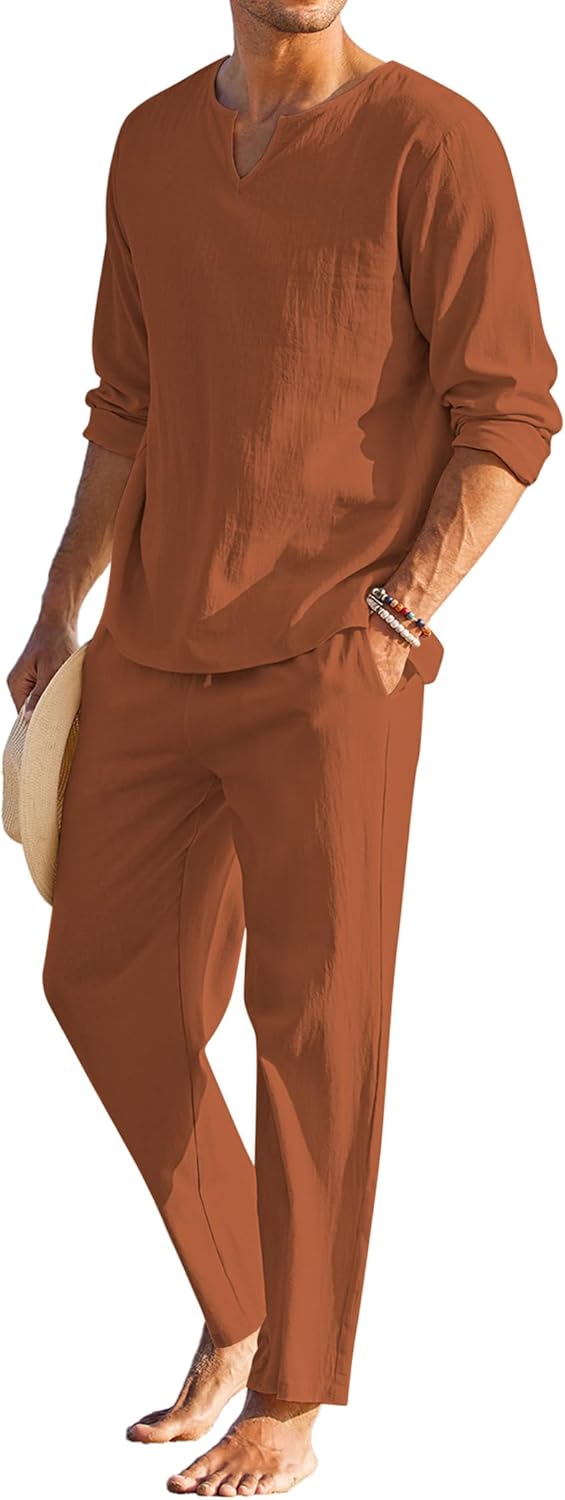COOFANDY Men’s 2 Pieces Cotton Linen Set Henley Shirt Long Sleeve and Casual Beach Pants Summer Yoga Outfits