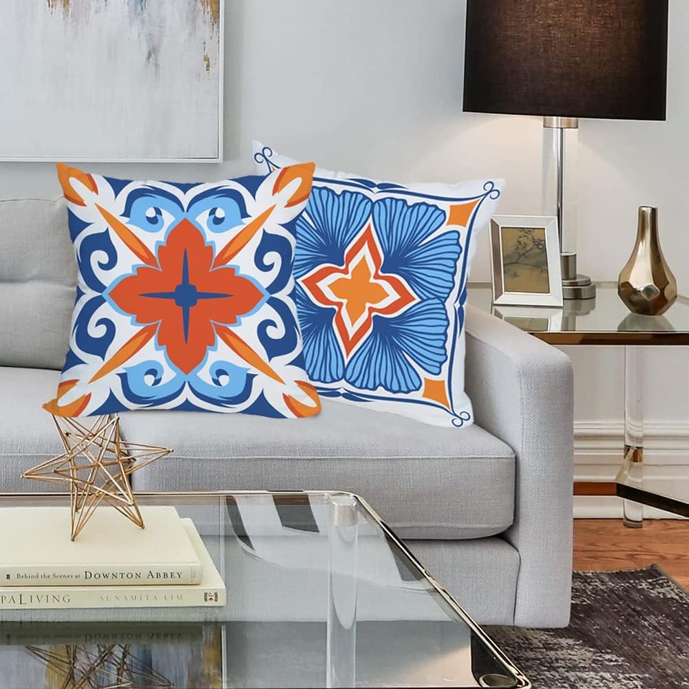 Outdoor Waterproof Throw Pillow Covers 22x22 inch Floral and Boho Style Decorative Pillow Covers Modern Geometric Pillowcase for Patio Funiture Garden Set of 4, Blue and Orange