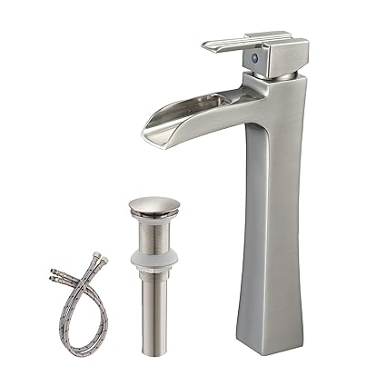 BWE Vessel Sink Faucet with Drain Assembly Without Overflow and Supply Hose Lead-Free Single-Handle Single Hole Waterfall Bathroom Faucet Brushed Nickel Lavatory Mixer Tap Tall Body
