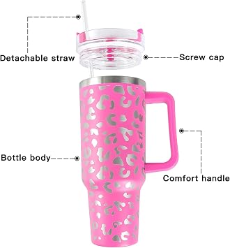 40 oz Tumbler with Handle Leopard Stainless Steel Thermos Mug Coffee Cup Outdoor Car Mug Sports Travel Stainless Steel Tumbler (Pink)