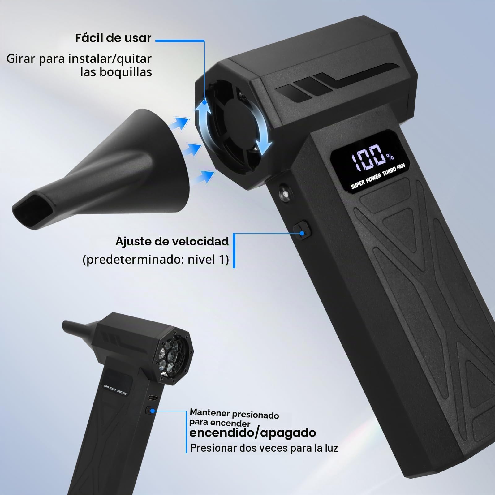 Soplador de Aire Eléctrico Inalámbrico 110.000 RPM, Mini Soplador Potente con Batería, 4 Velocidades y Luz LED, Ideal para Limpiar PC, Teclado, Portátil, Coche y Hojas