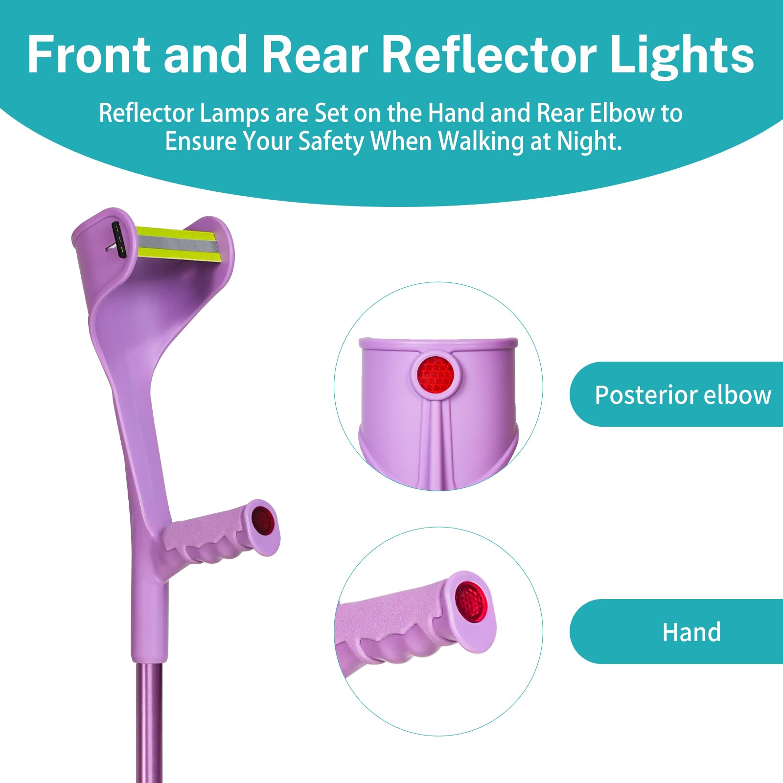 Par de muletas de antebrazo plegables para adultos, 10 niveles de altura, ligeras, de aluminio, con reflectores, cómodo mango ergonómico, color morado
