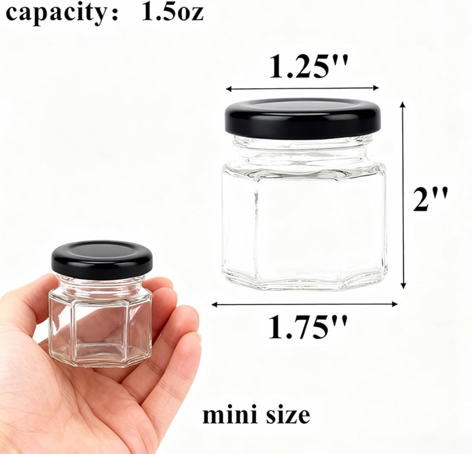 Tebery Paquete de 30 mini tarros de cristal hexagonales de 1.5 oz con tapas y etiquetas negras, tarros pequeños de miel, especias para regalos de boda, bricolaje