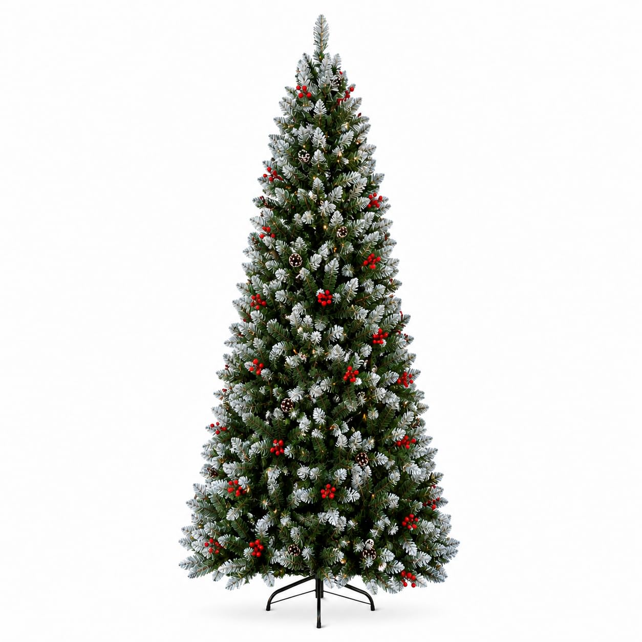 7FT Pre-Lit Artificial Christmas Tree, Snow Flocked Hinged Pine Tree with Warm White Lights, Red Berries & Pine Cones, Full Realistic Xmas Tree for Holiday Indoor Home Office Christmas Decorations