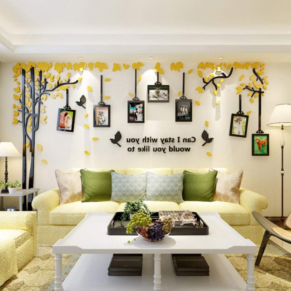 3D Acrylic Wall Stickers, Large Family Tree Photo Frame Decals Self-adhesive Wall Mural and Bird Room Bedroom Sofa TV Background DIY Photo Gallery Decoration (84 X 52 inch<210x130cm>, Yellow + black)