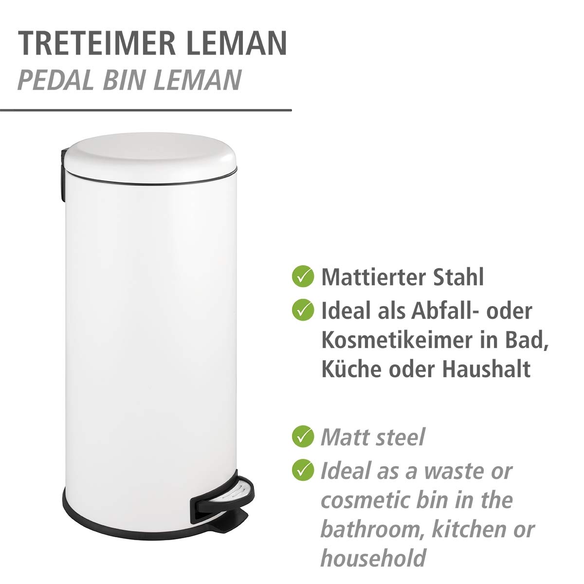 WENKO Treteimer Leman Easy Close Weiß 30 L - Kosmetikeimer, Mülleimer mit Absenkautomatik Fassungsvermögen: 30 l, Stahl, 30.5 x 64 x 37.5 cm, Weiß, 64 x 37.5 x 30.5 cm