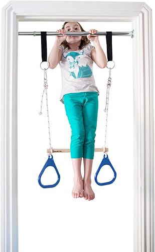 Miniatura 6 de Interior columpio por DreamGym  Barra de Trapecio y anillas de gimnasia Combo para puerta de gimnasio  azul