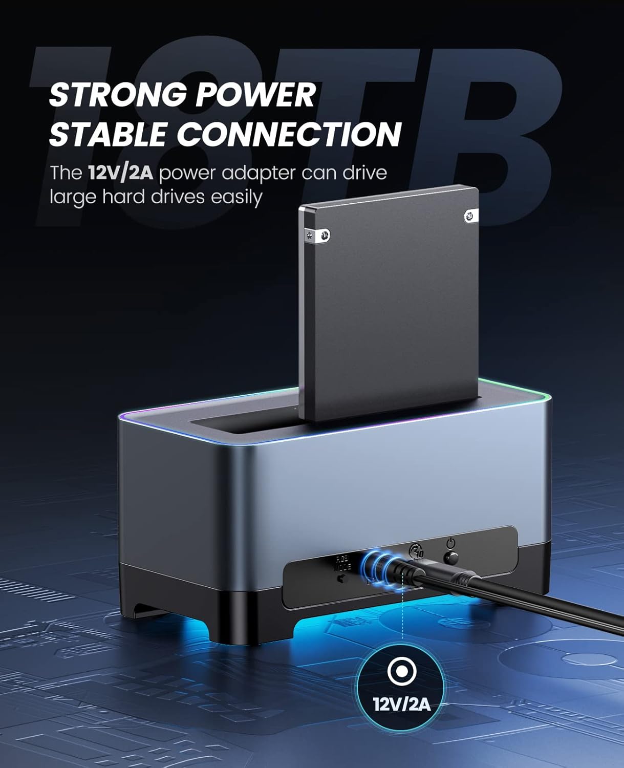 Image showing the 12V/2A power adapter connected to the ORICO docking station, emphasizing stable power delivery.