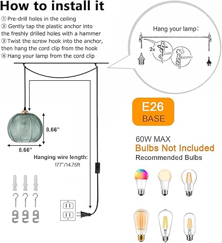Miniatura 6 de Iluminación colgante enchufable, lámpara colgante de cristal verde de 8.6 pulgadas, lámpara colgante ajustable con cable de enchufe, lámpara