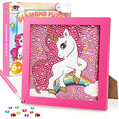 TOY Life 5D Diamond Painting for Kids with Wooden Frame - Diamond Arts and Crafts for Kids Ages 6 - 8 - 10 - 12 Gem Painting Kit - Unicorn Diamond Painting Kits for Kids Girls (Jumping Unicorn)