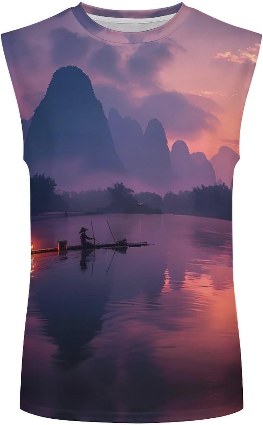 Li River and Karst Mountain Men Summer Sleeveless Crew Neck Top 5XL