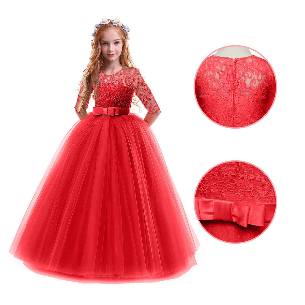 IWEMEK Elegant Brautjungfer Kleider für Mädchen Blumenmädchen Hochzeitskleid 3/4 Arm Spitzenkleid Tüllkleid Prinzessin Festzug Erste Kommunionskleider Weihnachten Karneval Abendkleid Partykleid